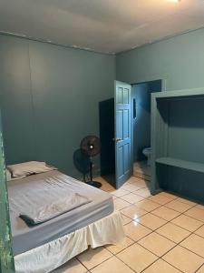 Coxen HoleNo Regrets的一间卧室设有一张床和蓝色的墙壁
