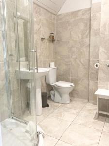 都柏林德格瓦罗酒店的浴室配有卫生间、淋浴和盥洗盆。