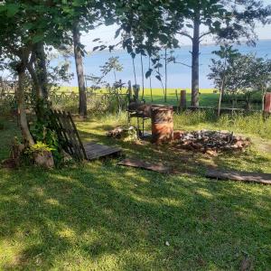 Puerto LibertadEspacio Benignia的公园里设有长凳、桌子和树木