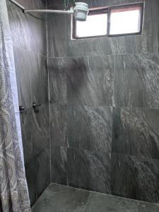 巴尼奥斯Baños de agua Santa的带淋浴的浴室(带石墙)