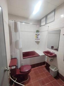 合艾Red panda@hatyai Leegarden 200m的浴室配有红色浴缸、卫生间和水槽。