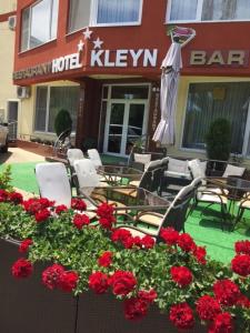 康斯坦察Hotel Kleyn的一间带桌椅和红花的餐厅