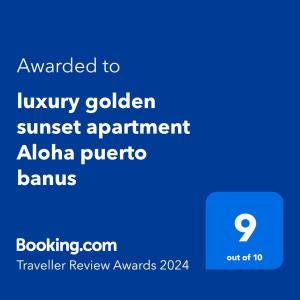 马贝拉luxury golden sunset apartment Aloha puerto banus的一部手机的屏幕,上面写着被授予豪华金色日落约会的 ⁇ 鸟的文字