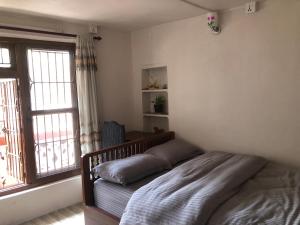 加德满都Samriddhi HomeStay的一间卧室设有一张床和一个大窗户