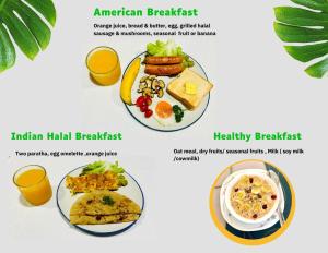 曼谷Ree Guesthouse的一小盘早餐食品和橙汁