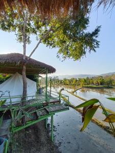 琅勃拉邦Glamping Laos的水体旁的凉亭,有树