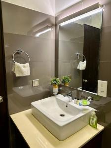 尼甘布Ocean Breeze Hotel Residencies BritLanka Apartments Negombo的浴室设有白色水槽和镜子