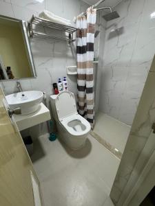 独鲁万Studio Guest Suite Near The New EVRMC Hospital & San Juanico Bridge Tacloban City, Leyte, Philippines的浴室配有卫生间、盥洗盆和淋浴。