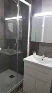 蒂耶扎克Le Castel du Cantal Groupe Village Fani的带淋浴、盥洗盆和镜子的浴室