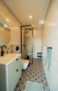 奥泰佩Väike-Juusa külaliskorter的带淋浴、卫生间和盥洗盆的浴室