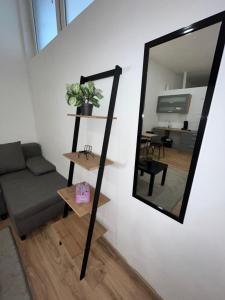 多特蒙德Apartment Central 10C 40qm Wi-Fi free Parking calm back house的客厅配有镜子和沙发