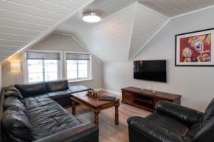 尤坎Rjukan Hytteby的客厅配有皮革家具和平面电视
