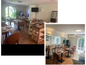 蒙彼利埃尤丽斯蒙特比尔中心酒店的两幅带桌椅的用餐室的照片