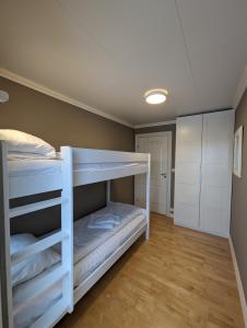 特罗姆瑟Sea & Mountain View Apartment Tromsø的一间卧室配有两张双层床和一个衣柜