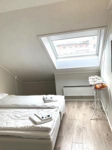奥斯陆比斯尔特康伯尼公寓的一间卧室配有一张床和天窗