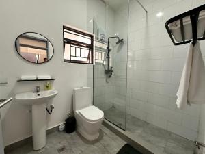 基加利Coalescence Hotel Rwanda的浴室配有卫生间、盥洗盆和淋浴。