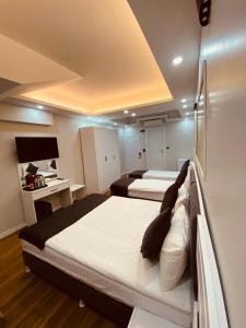 伊斯坦布尔Hodegon Suite Hotel的酒店客房配有两张床和一张书桌