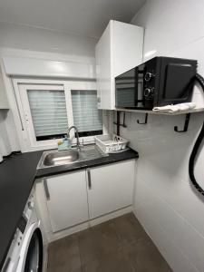 萨拉戈萨Apartamento en Zaragoza junto a la Estación Delicias的一间带水槽和微波炉的小厨房