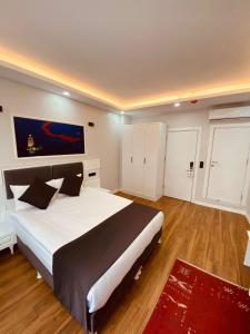 伊斯坦布尔Hodegon Suite Hotel的卧室配有一张白色大床和红色地毯。