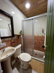 卡拉尔卡Finca Hotel Sol Y Luna的带淋浴、卫生间和盥洗盆的浴室