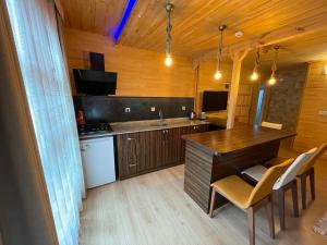乌宗Bavul Suite的一间厨房,内设一张木桌和椅子