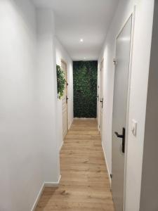 米卢斯Sweet Home的走廊设有白色的墙壁和木地板