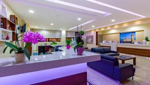 伊利索斯帕勒斯公寓酒店的大堂设有紫色花卉等候区
