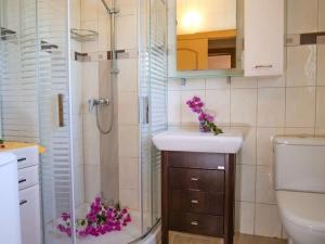 卡拉索斯Villa Lindos Star in Rodos with Private pool的带淋浴和紫色花卉水槽的浴室
