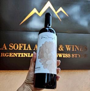 门多萨La Sofia Apart & Wines的手持一瓶带图表的葡萄酒
