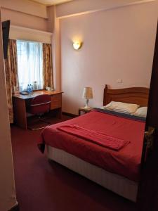 内罗毕Metro Hotel的一间卧室配有一张床、一张书桌和一个窗户。