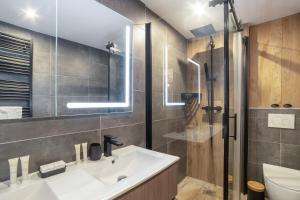 昂蒂布Charmant Appartement Antibes的一间带水槽、淋浴和卫生间的浴室