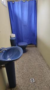 Punto FijoDoña Elena的一间带蓝色浴帘的浴室和两个卫生间