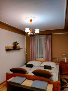 沙托劳尔尧乌伊海伊Kata Vendégház的一间卧室配有一张大床和一个吊灯。