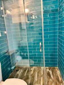 塞费里希萨尔Apelles Butik Otel的浴室设有蓝色瓷砖淋浴和卫生间