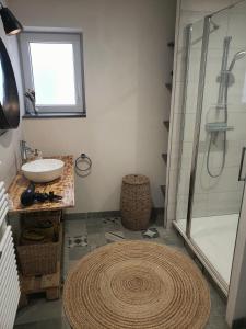 维桑堡Emile&Jeanne - Centre - 2 chambres - Wifi, Netflix的一间带水槽和玻璃淋浴的浴室