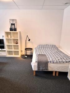 TimråRentalux Apartments at Vivansborg的一间卧室配有一张床和一张书桌