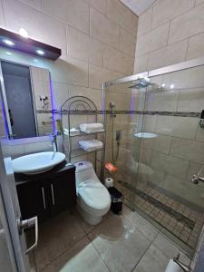 庞塞Astrolax Cinema with Jacuzzi & 4D Massage Chair的浴室配有卫生间、盥洗盆和淋浴。