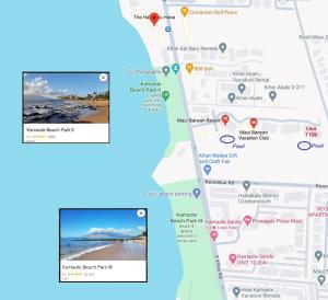 维雷亚NEW Luxury Condo at Kameole Beach的一张地图和一张带有谷歌地图的海滩照片