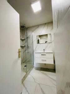 塞纳河畔讷伊Appart Neuilly bagatelle Porte Maillot 4 Pers的一间带水槽和玻璃淋浴的浴室