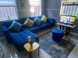 开普敦Kwaaamiii的客厅配有带枕头的蓝色沙发