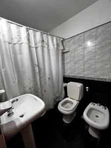 萨帕拉Alquiler temporario zapala Amanecer的浴室配有水槽、卫生间和浴帘