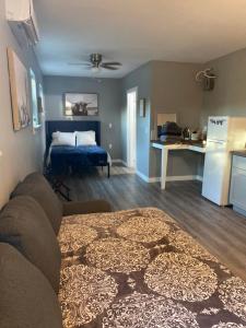 奥斯汀ATX Tiny House的客厅配有沙发和一张位于房间的床