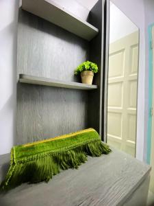波德申Izdisa Muslim Homestay Teluk Kemang Groundfloor unit with Pool view的一间设有一张带绿色地毯和镜子的床的客房