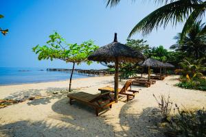 富国Kiwuki Beachfront Villa的海滩上设有长椅和遮阳伞,还有大海