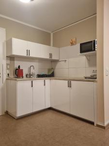 上乌瑟尔玉兰公寓式酒店的厨房配有白色橱柜和微波炉