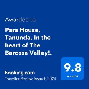塔南达Para House, Tanunda. In the heart of The Barossa Valley!.的带有与全景房屋结婚的文字的手机的截图