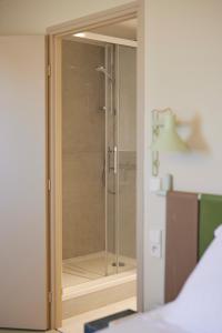 戛纳Hotel des Victoires的配有床的客房内的玻璃淋浴间