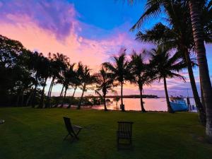 彩虹海滩Tranquil holiday home on the water’s edge.的两把椅子坐在棕榈树田里