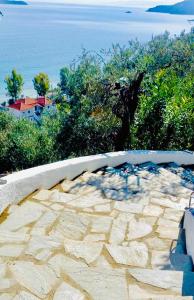梅加利阿莫斯Villa Athena Skiathos的享有水景的石头天井