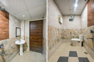 新德里Grand Empire Suites By Delhi Airport的浴室的两张照片,配有卫生间和水槽